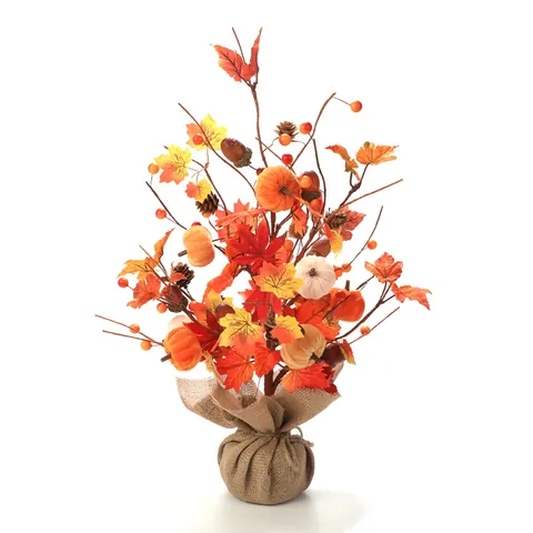 Giorno del Ringraziamento Albero Artificiale Foglia di Acero Zucca Ornamento Raccolto Autunnale Decorazione con Base in Lino