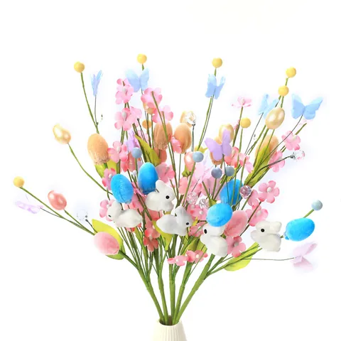 Ramo di Fiori Artificiali con Uova di Pasqua e Coniglio Fiori di Seta Rosa Uova Colorate Coniglio Bianco Casa Festa