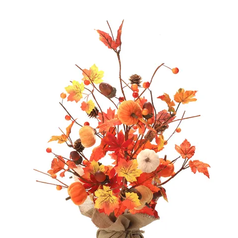 Giorno del Ringraziamento Albero Artificiale Foglia di Acero Zucca Ornamento Raccolto Autunnale Decorazione con Base in Lino