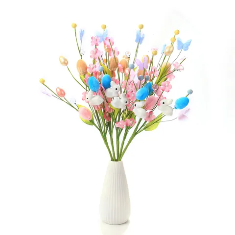 Ramo di Fiori Artificiali con Uova di Pasqua e Coniglio Fiori di Seta Rosa Uova Colorate Coniglio Bianco Casa Festa