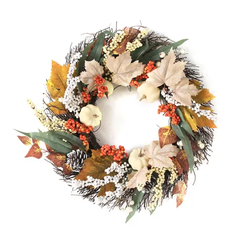 Autumn Harvest Wreath Artificial White Pumpkin Maple Leaf Berry Pine Cone Decoration For Thanksgiving Halloween Door Decor