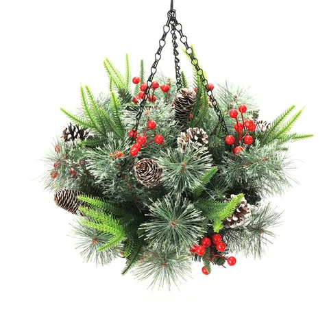 Künstlicher Weihnachts Kiefern Hängekorb Mit Roten Beeren Natürliche Tannenzapfen LED Lichterkette Outdoor Porch Home Decor Festliche Dekoration