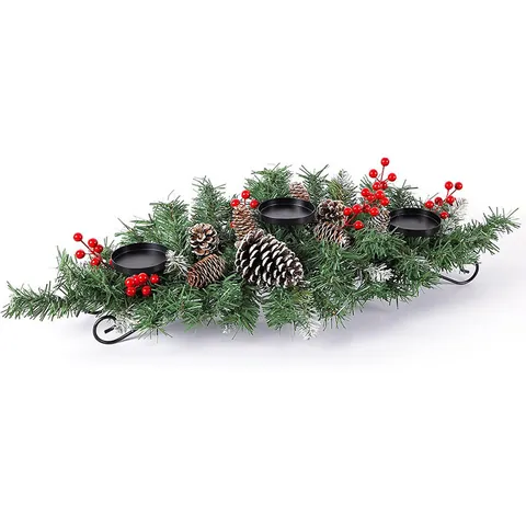 Christmas Candle Holder Centerpiece Triple Metal Tray Artificial Pine Needles Red Berries Pine Cones Foldable Holiday Decor