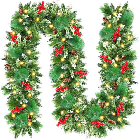 Christmas Garland LED Lights Snow Flocked Pinecones Red Berries Battery Operated Waterproof Festive Home Decoration Wreath