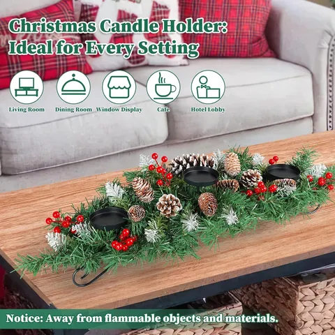 Christmas Candle Holder Centerpiece Triple Metal Tray Artificial Pine Needles Red Berries Pine Cones Foldable Holiday Decor