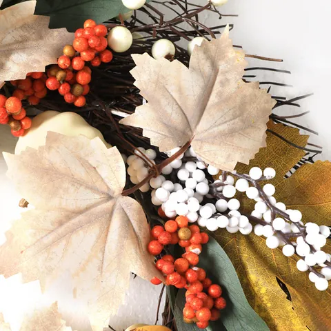 Autumn Harvest Wreath Artificial White Pumpkin Maple Leaf Berry Pine Cone Decoration For Thanksgiving Halloween Door Decor