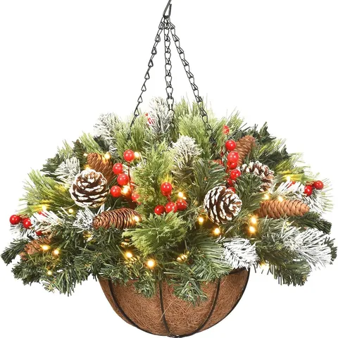 Cesta Colgante de Navidad Artificial Con Agujas de Pino Piñas Bayas Rojas y Luces LED Cálidas para Decoración de Hogar