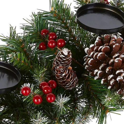 Christmas Candle Holder Centerpiece With Artificial Pine Needles Red Berries Pine Cones 3 Cups Metal Base Table Decor