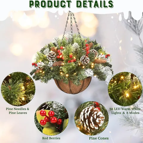 Cesta Colgante de Navidad Artificial Con Agujas de Pino Piñas Bayas Rojas y Luces LED Cálidas para Decoración de Hogar