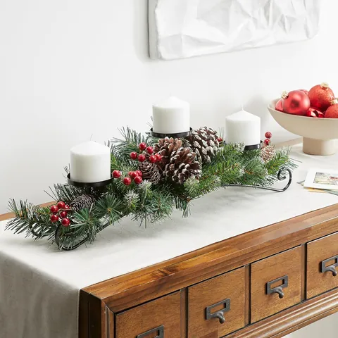 Christmas Candle Holder Centerpiece With Artificial Pine Needles Red Berries Pine Cones 3 Cups Metal Base Table Decor