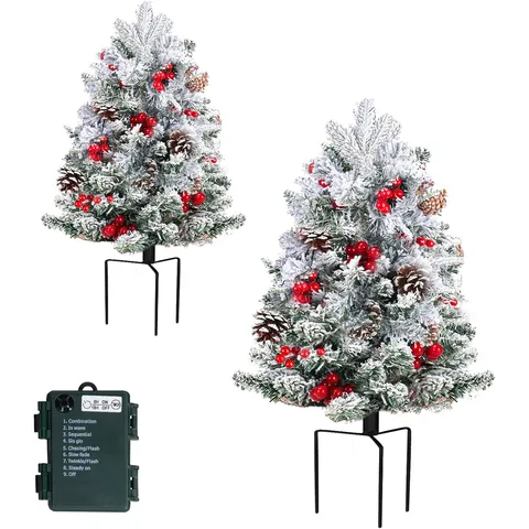 Albero di Natale Artificiale Innevato Con Luci LED Bacche Rosse Pigne Picchetto da Terra per Giardino Cortile Decorazioni