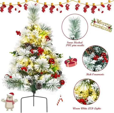 60cm Snow Flocked Christmas Tree With Red Berries Pinecones Warm LED Lights 8 Modes Ground Plug For Festive Yard Home