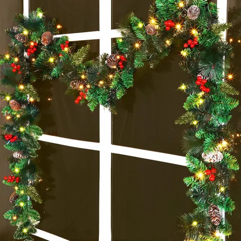Christmas Garland With LED Lights Pine Cones Red Berries Artificial Greenery Garland For Fireplace Stairs Door Party Decor