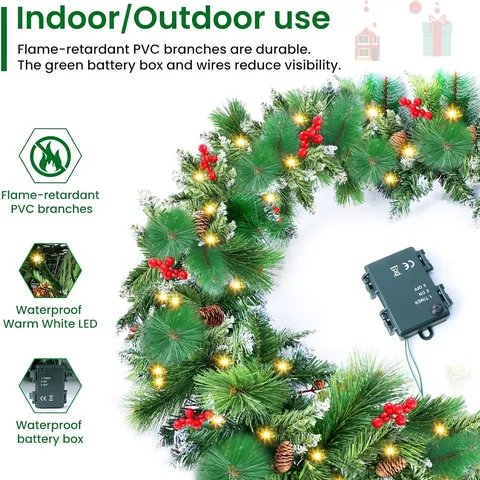 Christmas Garland LED Lights Snow Flocked Pinecones Red Berries Battery Operated Waterproof Festive Home Decoration Wreath