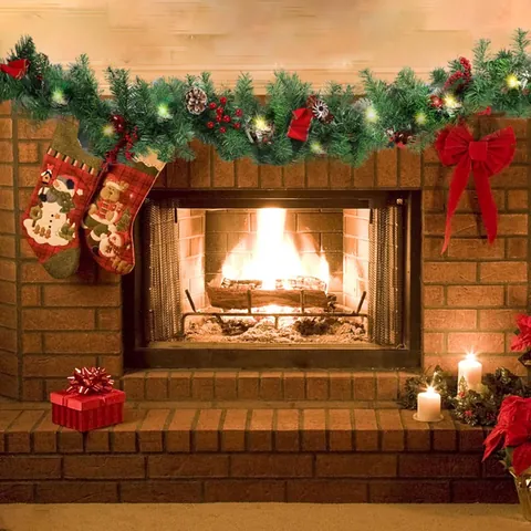Christmas Garland LED Lights Red Berries Pine Cones Bows Green Faux Pine Rattan Holiday Home Door Fireplace Decoration
