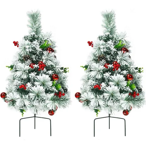 60cm Snow Flocked Christmas Tree With Red Berries Pinecones Warm LED Lights 8 Modes Ground Plug For Festive Yard Home