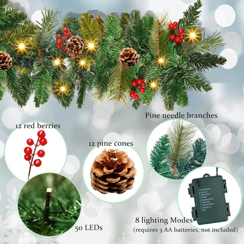Christmas Garland With LED Lights Pine Cones Red Berries Artificial Greenery Garland For Fireplace Stairs Door Party Decor