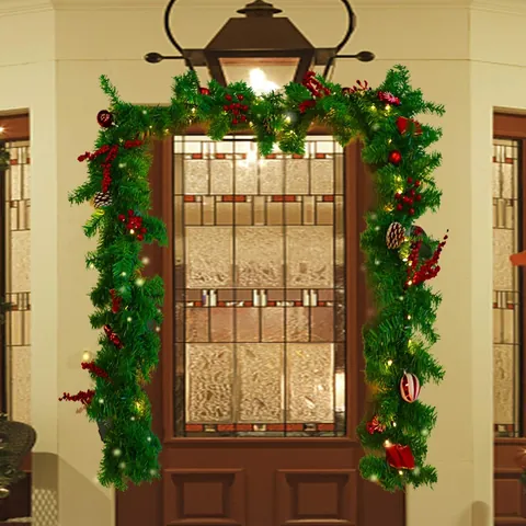Christmas Garland LED Lights Red Berries Pine Cones Bows Green Faux Pine Rattan Holiday Home Door Fireplace Decoration