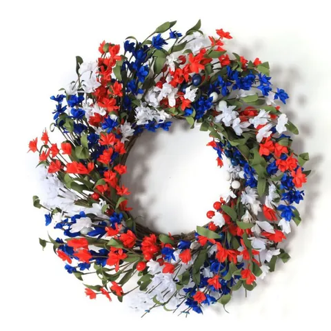 Patriottische Onafhankelijkheidsdag Krans Rood Wit Blauw Satijnen Bloemen Bessen Wijnstok Basis Huis Voordeur Hangende Decoratie Muur Ornament Cadeau