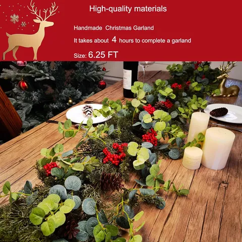 Artificial Christmas Garland With Red Berries Eucalyptus Leaves Pine Needles Pine Cones For Mantle Stair Home Decor