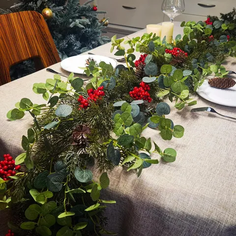 Artificial Christmas Garland With Red Berries Eucalyptus Leaves Pine Needles Pine Cones For Mantle Stair Home Decor