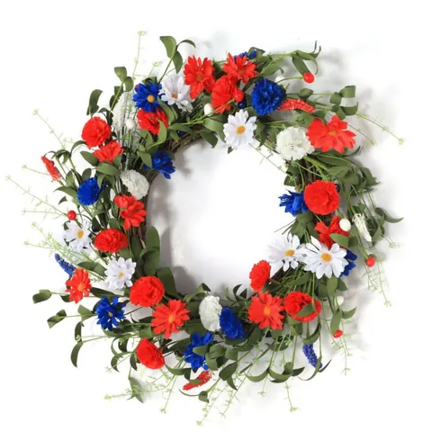 Patriotische Onafhankelijkheidsdag Krans 4 Juli Rood Wit Blauw Satijnen Bloem Natuurlijk Rotan Basis Voordeur Wand Decoratie