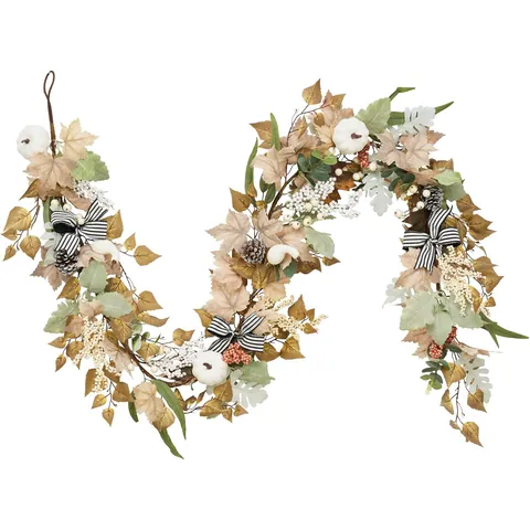 Autumn White Pumpkin Maple Leaf Garland With Striped Bows Thanksgiving Harvest Festival Fireplace Mantel Decor Artificial Vine