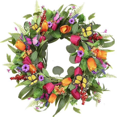 Artificial Tulip Butterfly Wreath Spring Summer Front Door Decoration Eucalyptus Leaves Mixed Flower Berry Garland For Wedding Home Wall Decor