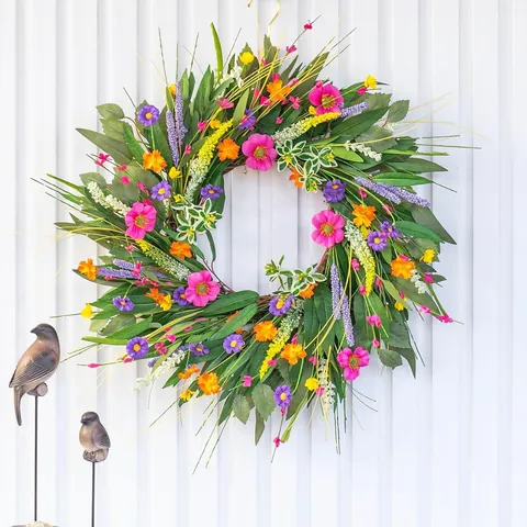 Handmade Artificial Lavender Daisy Floral Wreath Multi Colored Spring Summer Flower Garland For Front Door Wall Home Decor