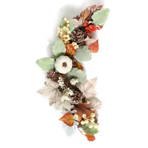 Thanksgiving Autumn Wreath With White Pumpkin Maple Leaves Pine Cones Red Berries Harvest Festival Front Door Hanging Decoration