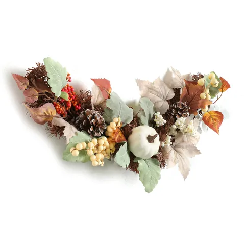 Thanksgiving Autumn Wreath With White Pumpkin Maple Leaves Pine Cones Red Berries Harvest Festival Front Door Hanging Decoration