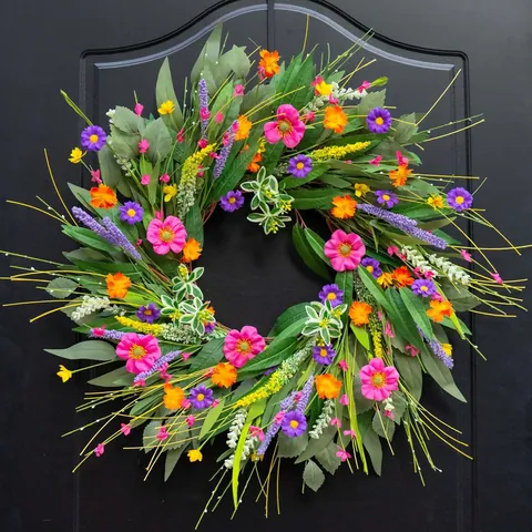 Handmade Artificial Lavender Daisy Floral Wreath Multi Colored Spring Summer Flower Garland For Front Door Wall Home Decor