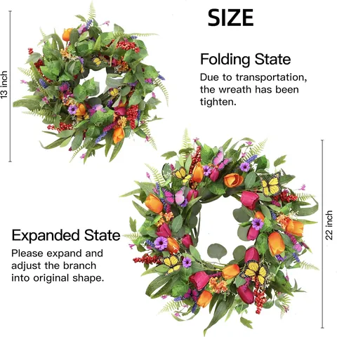 Artificial Tulip Butterfly Wreath Spring Summer Front Door Decoration Eucalyptus Leaves Mixed Flower Berry Garland For Wedding Home Wall Decor
