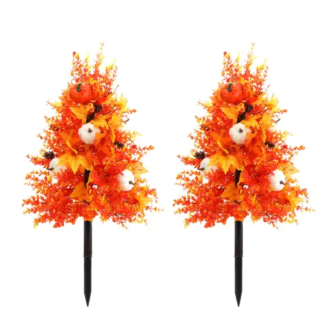 Artificial Autumn Maple Leaf Pumpkin Ground Stake Fall Garden Stake Decoration With Pinecones For Halloween Thanksgiving