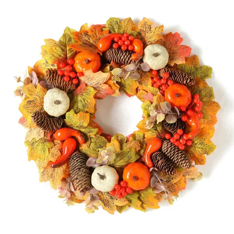 Autumn Pumpkin Pine Cone Maple Leaf Wreath For Front Door Thanksgiving Halloween Harvest Berries Wall Hanging Home Decor