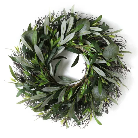 Artificial Olive Wreath With Black Berries Eucalyptus Leaves 50cm Simulation Greenery Garland For Front Door Wall Decor