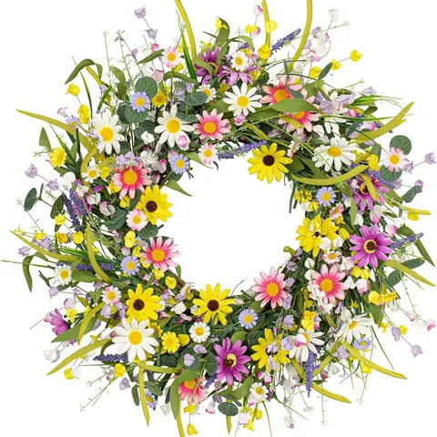 Couronne de Fleurs de Printemps Artificielles Avec Marguerite Tournesol Lavande pour Porte d'Entrée Mur Mariage Maison