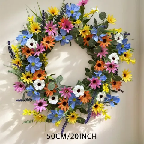 Artificial Daisy Wreath Lavender Eucalyptus Leaves Spring Summer Multi Color Floral Wreath For Front Door Wall Wedding Home Decoration