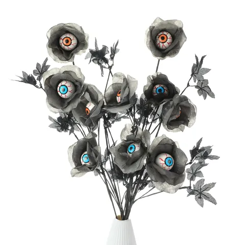 Halloween Künstlicher Kunststoff Rosenstrauß Mit Gruseligen Augäpfeln Gothic Schwarze Satin Blumen Für Gruselige Party Deko