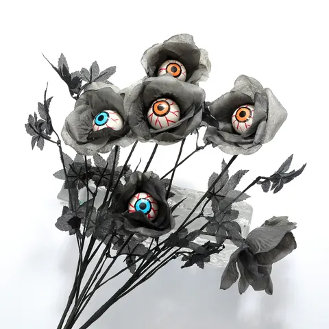 Halloween Künstlicher Kunststoff Rosenstrauß Mit Gruseligen Augäpfeln Gothic Schwarze Satin Blumen Für Gruselige Party Deko