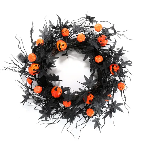 Στεφάνι Halloween Τεχνητό Μαύρο Φύλλο Σφενδάμου Πορτοκαλί Κολοκύθα Jack-O-Lantern Γιρλάντα Για Εξώπορτα Σπίτι Τοίχο Διακόσμηση Πάρτι