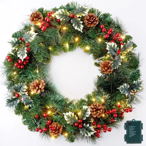 Artificial Christmas Wreath With LED Lights Pine Cones Red Berries Snowy Pine Needle Garland For Home Front Door Wall Decor