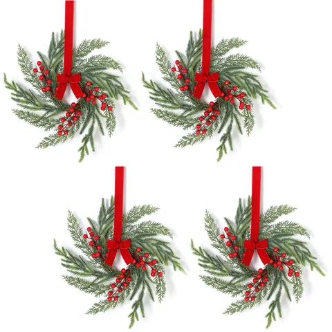 Corona de Navidad de Pino Norfolk Con Bayas Rojas Y Lazo de Terciopelo Pequeña Corona de Verdura Artificial Para Decoración Hogar