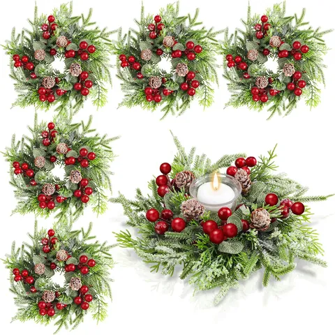 Mini Anneau De Bougie Couronne De Noël Avec Baies Rouges Pommes De Pin Aiguilles De Pin Enneigées Pour Décoration De Table Fête