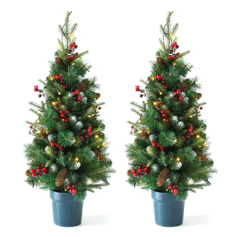 Tall Potted Christmas Tree With Pinecones Red Berries And Snow Dusted Artificial Pine Needle Tree Warm LED Lights For Home Office Desktop Holiday Decor