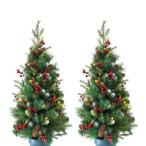 Tall Potted Christmas Tree With Pinecones Red Berries And Snow Dusted Artificial Pine Needle Tree Warm LED Lights For Home Office Desktop Holiday Decor