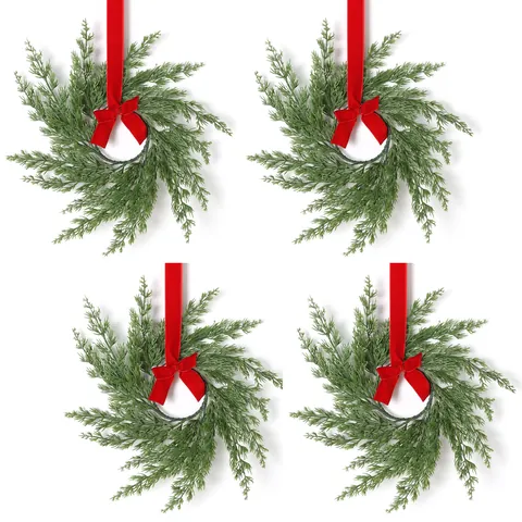 Corona de Navidad de Pino Norfolk Con Bayas Rojas Y Lazo de Terciopelo Pequeña Corona de Verdura Artificial Para Decoración Hogar