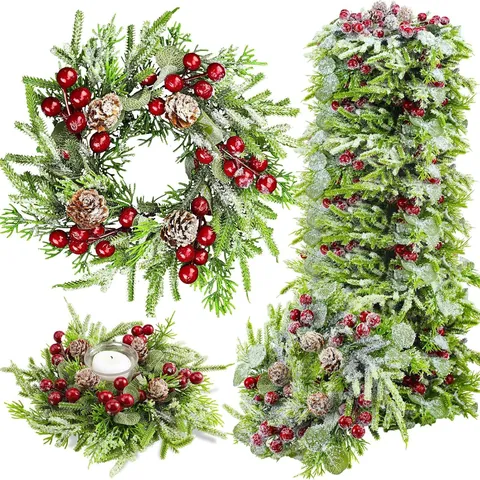 Mini Anneau De Bougie Couronne De Noël Avec Baies Rouges Pommes De Pin Aiguilles De Pin Enneigées Pour Décoration De Table Fête