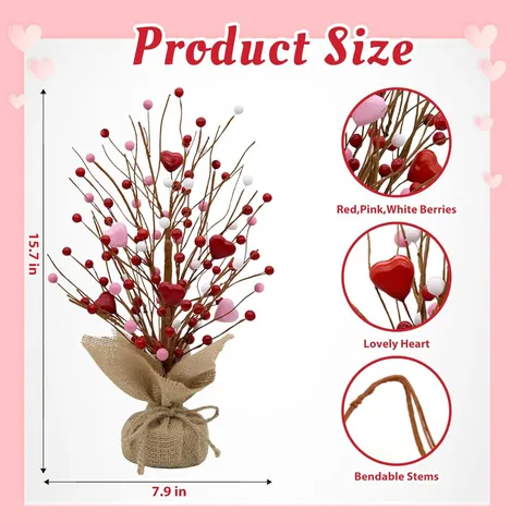 Decorazione per Albero di Bacche a Cuore Artificiale di San Valentino Base in Iuta Bacche Rosse Rosa Bianche per Centro Tavola Festa Matrimonio Casa