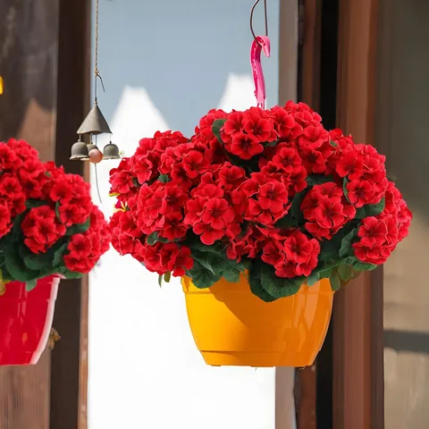 Artificial Red Geranium Hanging Basket Silk Flowers With Coconut Liner Iron Frame For Home Garden Patio Outdoor Decor